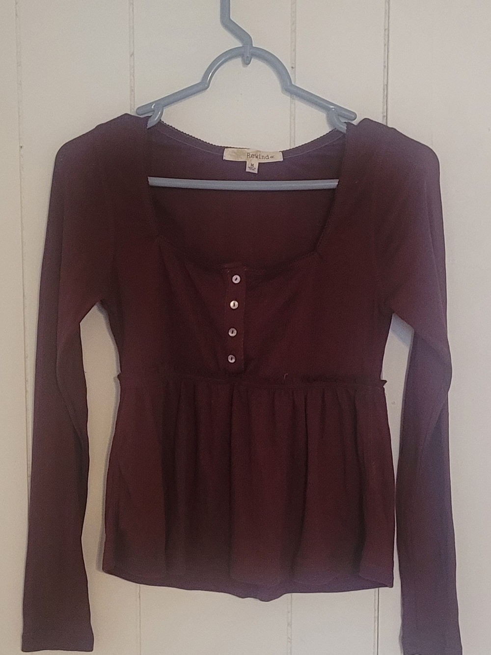 Rewind Burgundy Long Sleeve Henley Babydoll Peplum Top Womens M Y2K Coquette